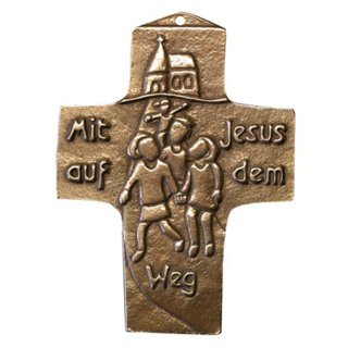 Kommunionkreuz mit Spruch aus Bronze