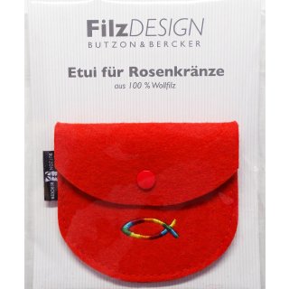 Rosenkranz Etui Rot aus 100% Wollfilz mit gesticktem Regenbogenfisch