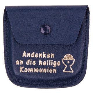 Rosenkranz Etui Leder Blau mit Aufdruck Kelch und Text hl. Kommunion in Gold